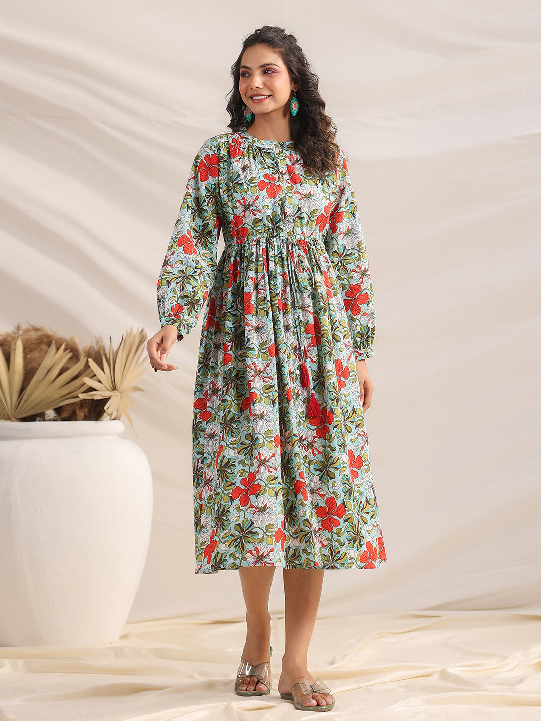 Janasya Pleated Cambric Blue Floral Band Collar Dress - Distacart