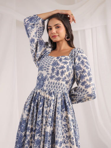 Janasya Off White Cambric Floral Dress