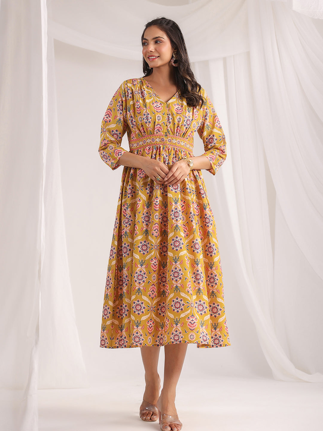 Janasya Gathered Cambric Mustard Ethnic Motifs V-Neck Dress - Distacart