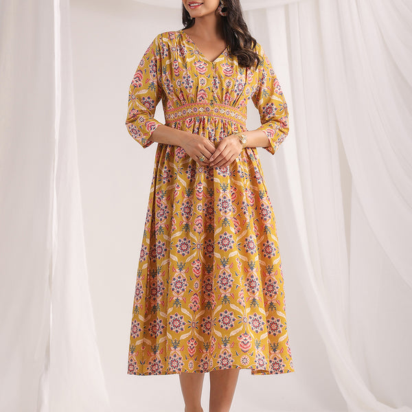 Janasya Gathered Cambric Mustard Ethnic Motifs V-Neck Dress - Distacart
