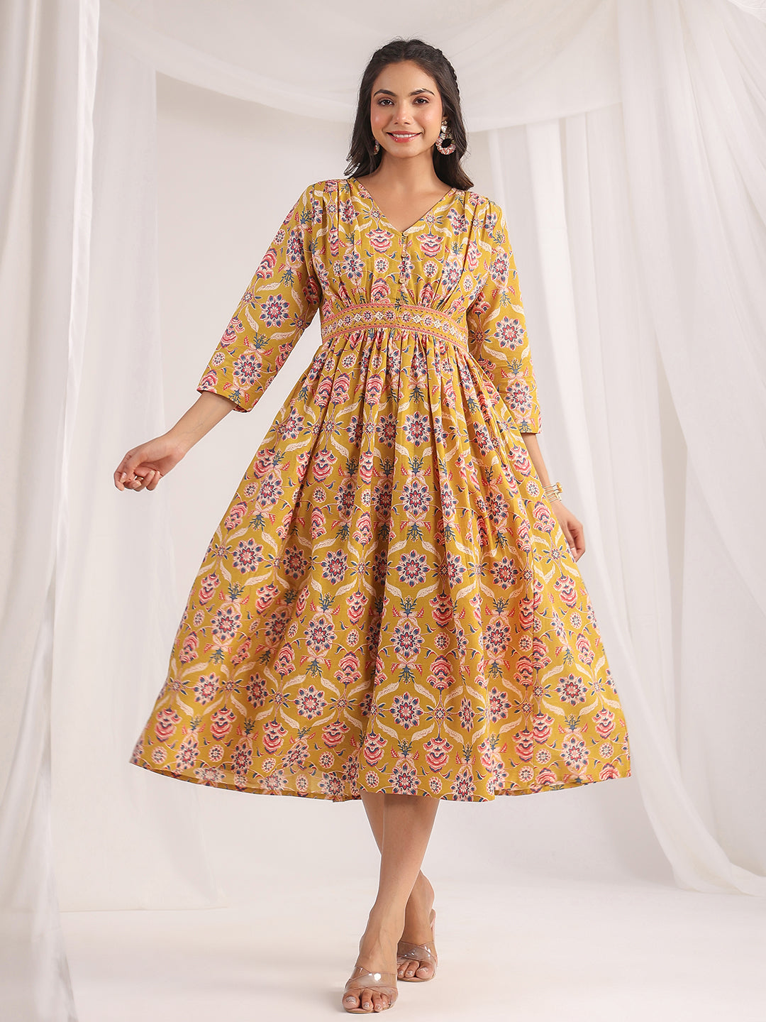 Janasya Gathered Cambric Mustard Ethnic Motifs V-Neck Dress - Distacart