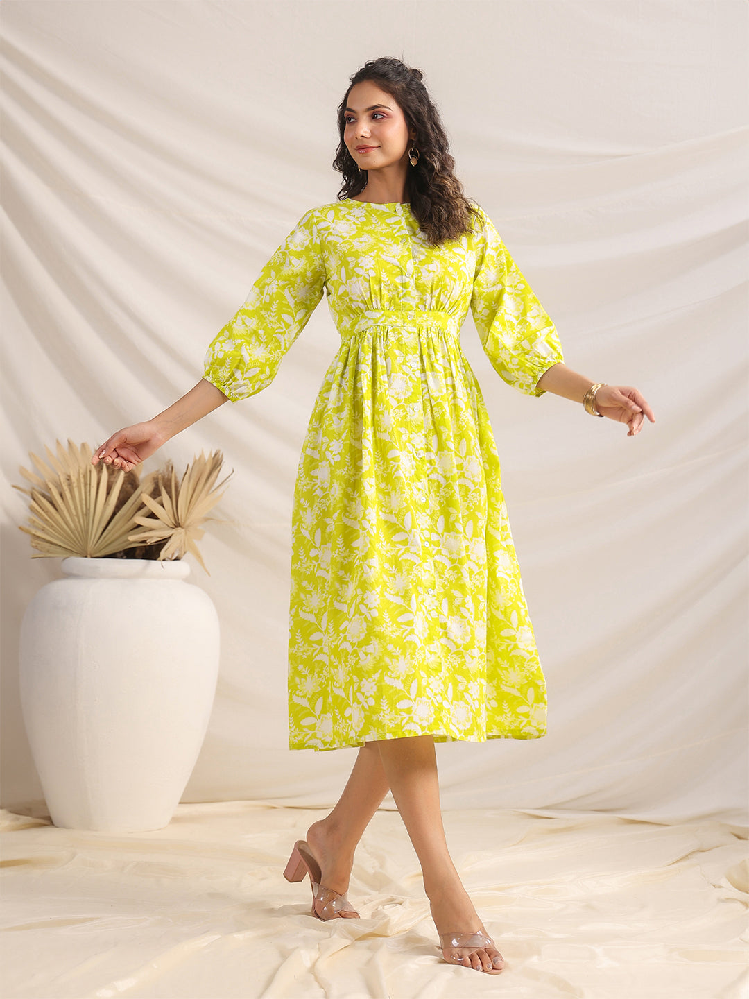 Janasya Lime Cambric Floral Dress - Distacart