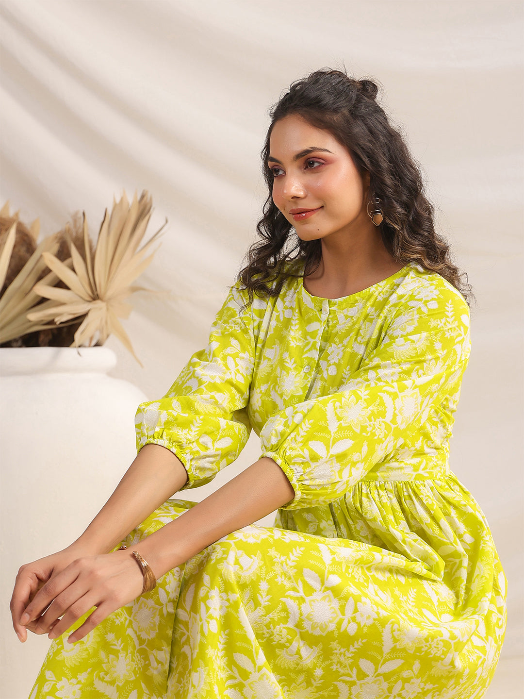 Janasya Bright Cotton Floral Gathered Dress