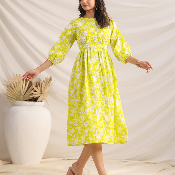Janasya Bright Cotton Floral Gathered Dress