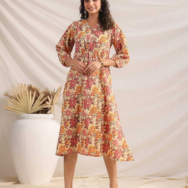 Janasya Gathered Cambric Yellow Floral V-Neck Dress - Distacart