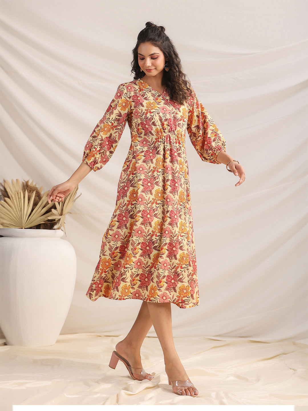 Janasya Gathered Cambric Yellow Floral V-Neck Dress - Distacart