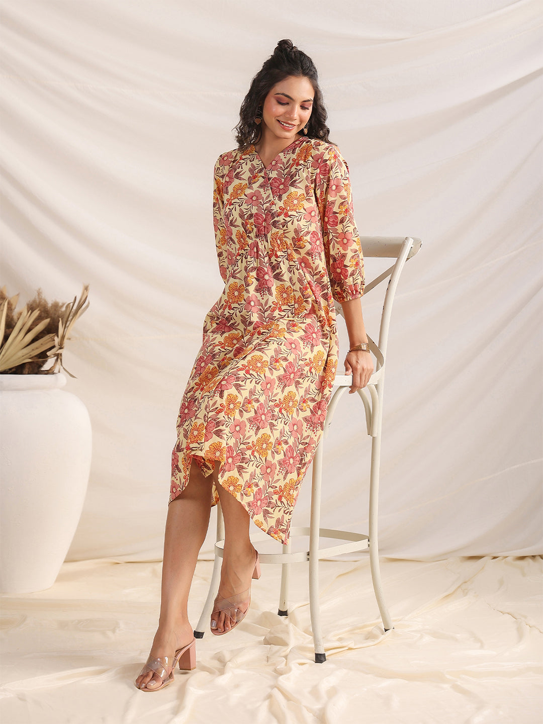 Janasya Gathered Cambric Yellow Floral V-Neck Dress