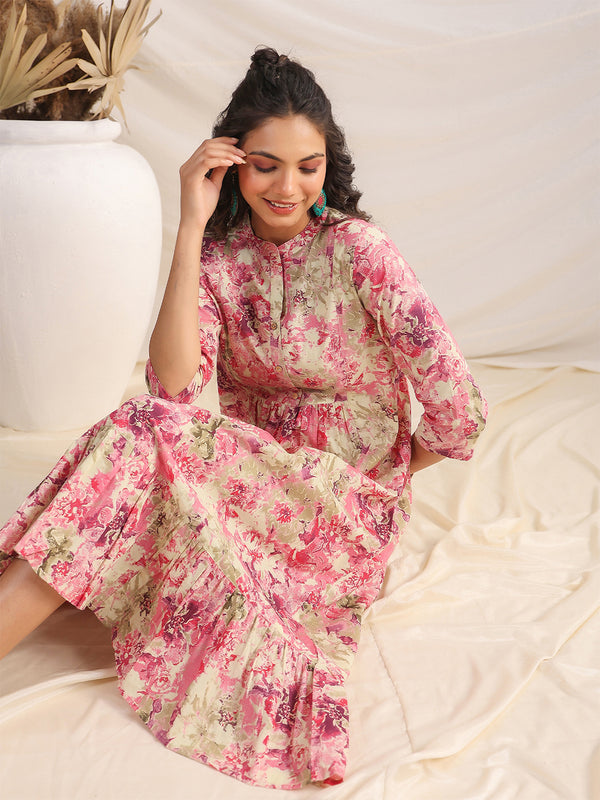 Janasya Light Cotton Abstract Gathered Dress