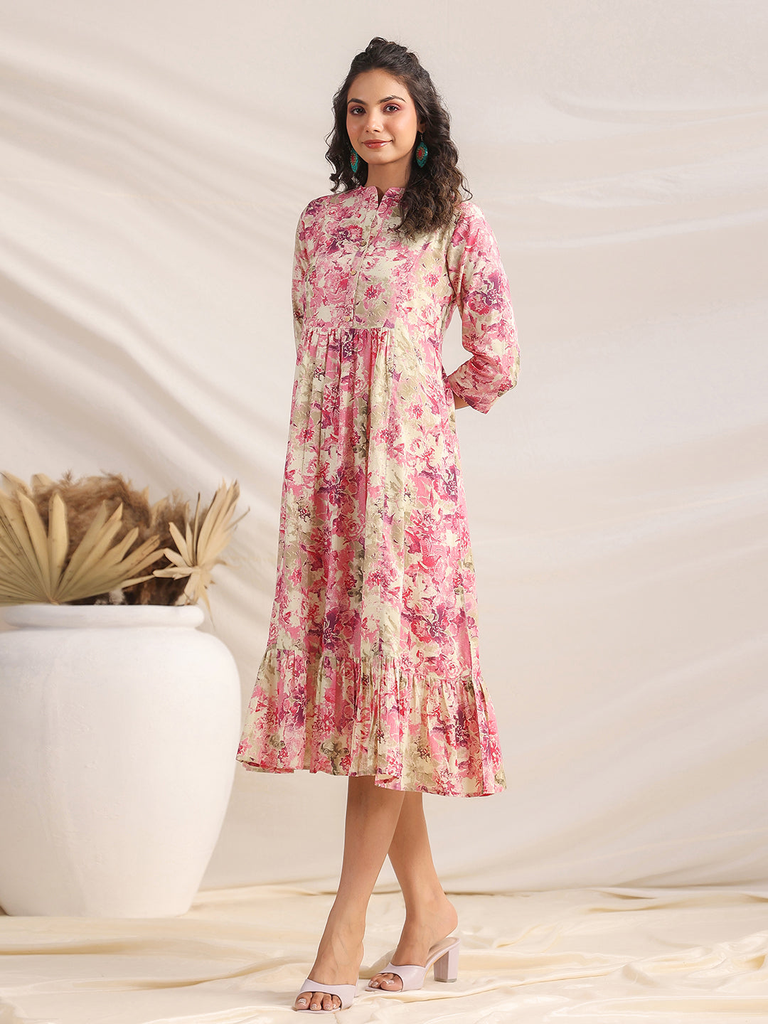 Janasya Light Cotton Abstract Gathered Dress
