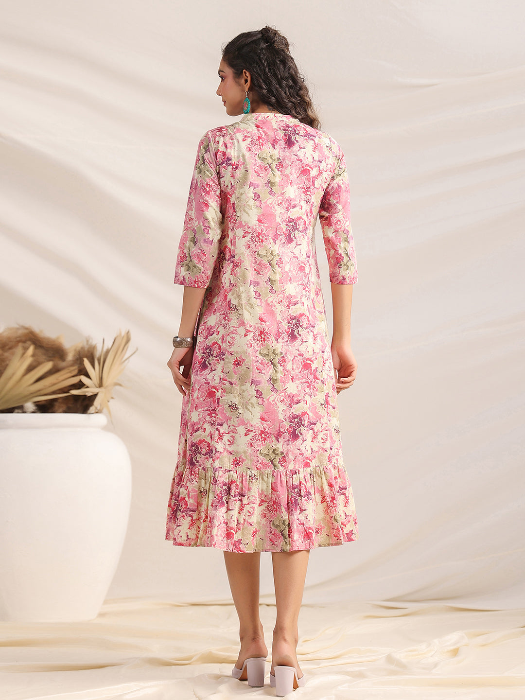 Janasya Light Cotton Abstract Gathered Dress