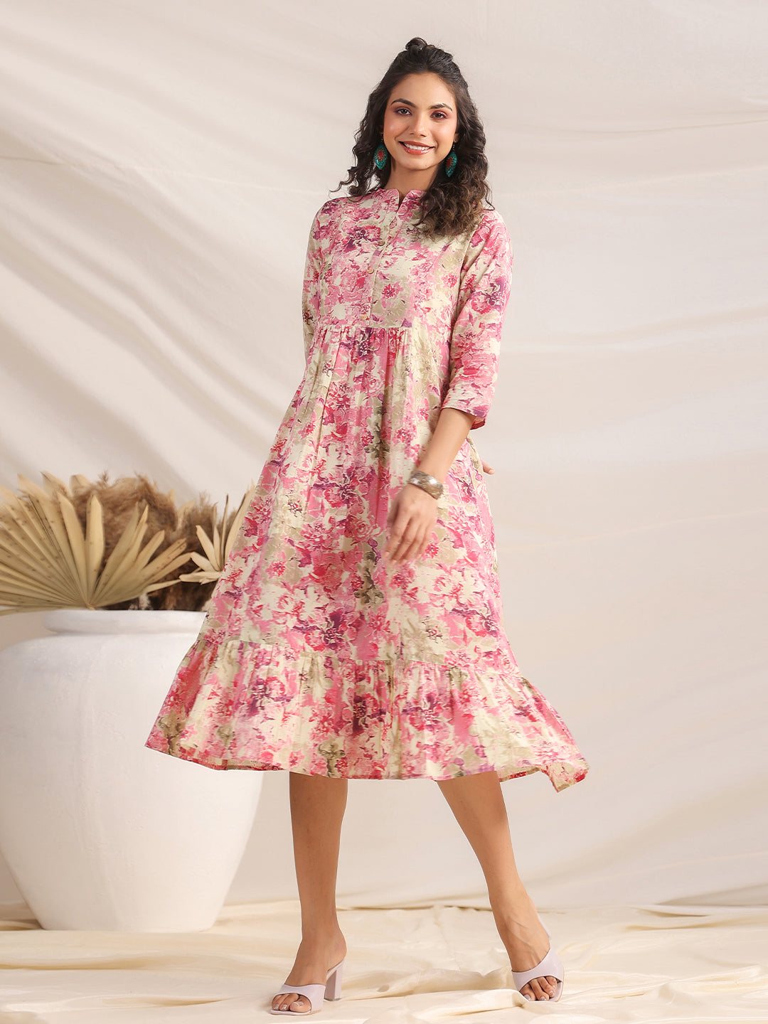 Janasya Light Cotton Abstract Gathered Dress