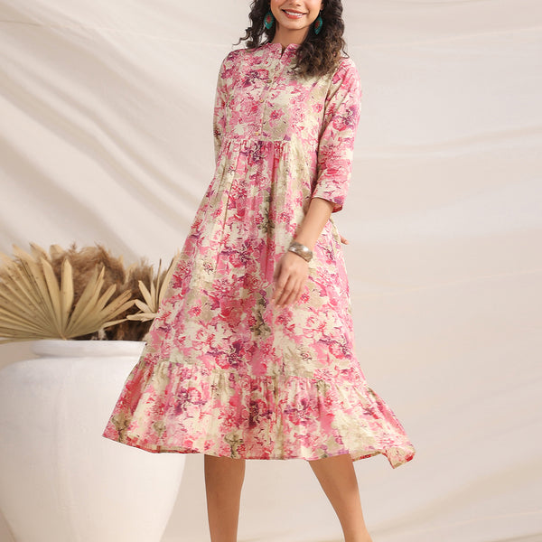 Janasya Light Cotton Abstract Gathered Dress