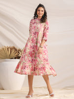 Thumbnail for Janasya Light Cotton Abstract Gathered Dress