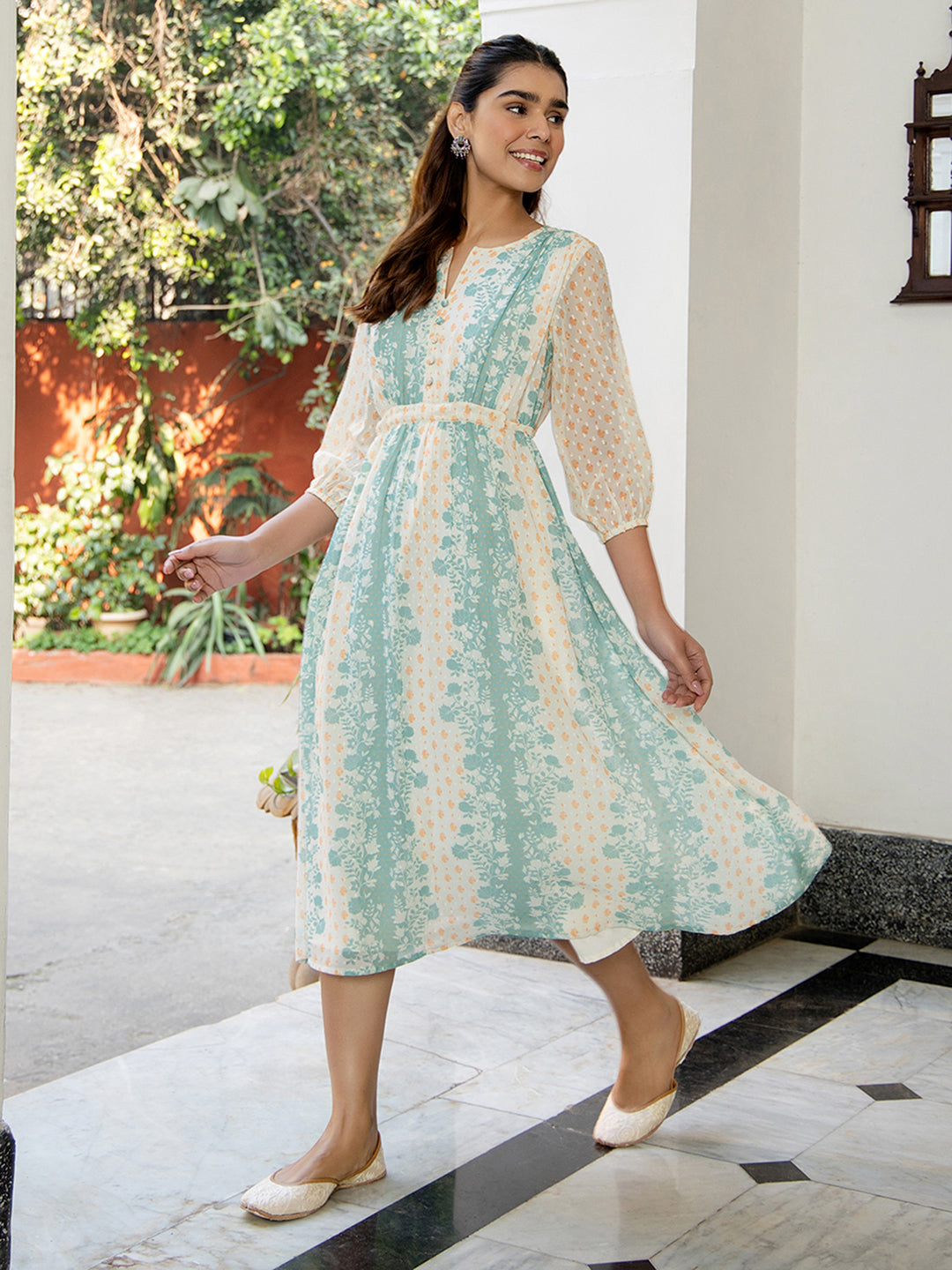 Janasya Off White Dobby Georgette Floral Flared Dress