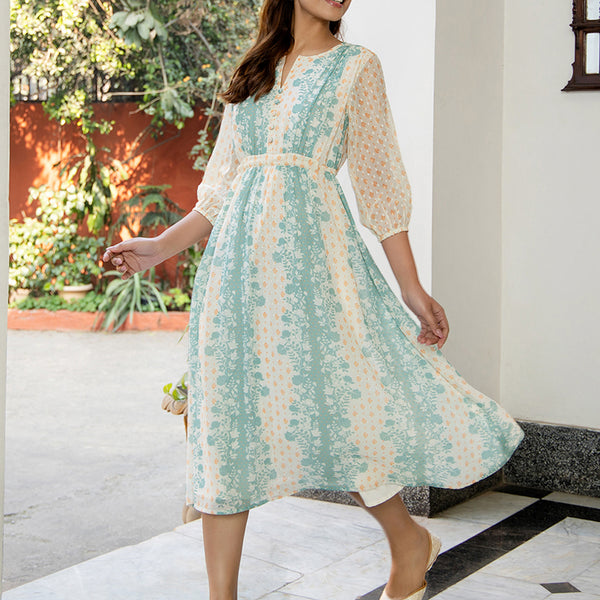 Janasya Off White Dobby Georgette Floral Flared Dress
