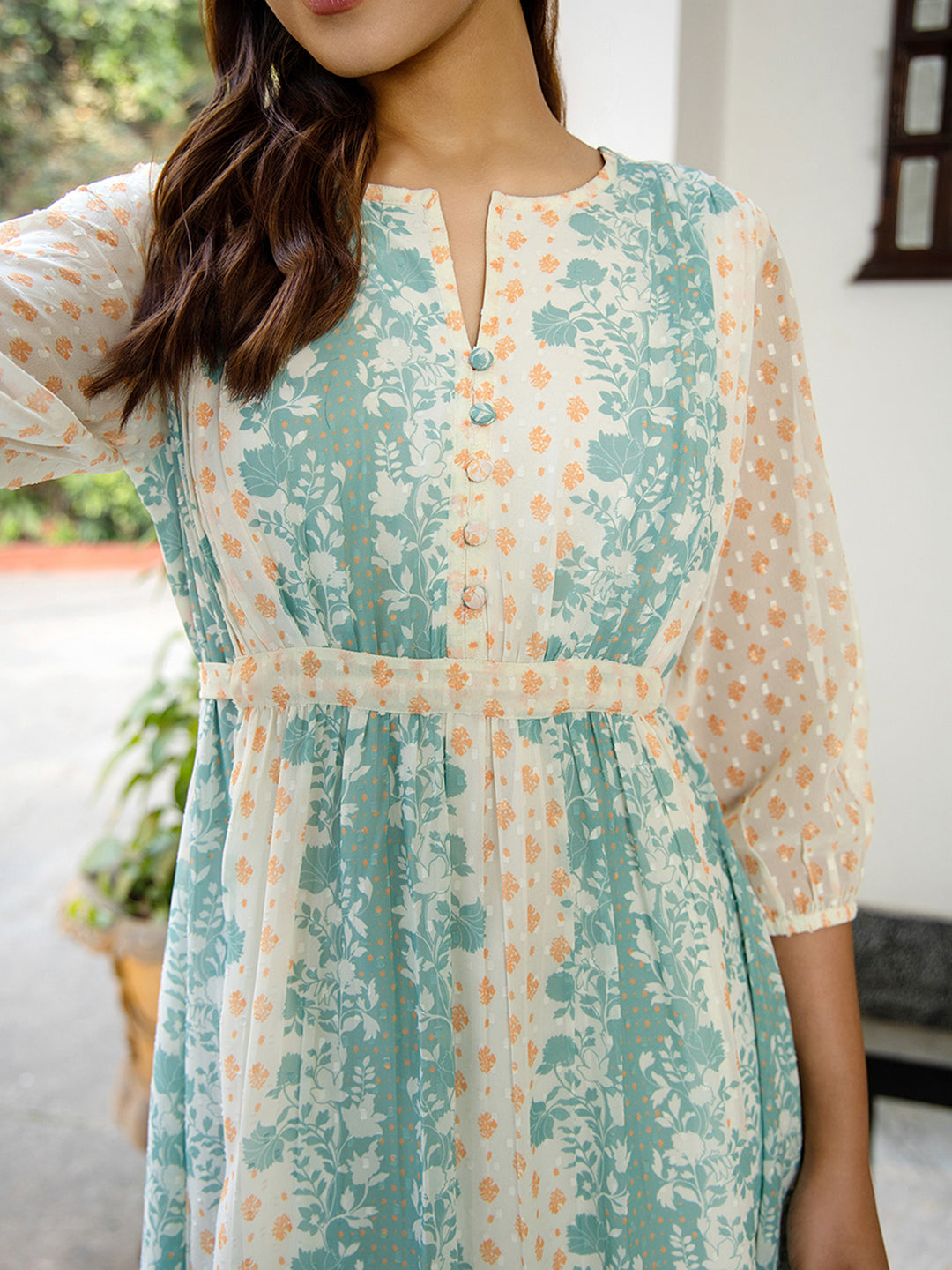 Janasya Off White Dobby Georgette Floral Flared Dress