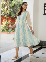 Thumbnail for Janasya Off White Dobby Georgette Floral Flared Dress
