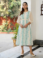Thumbnail for Janasya Off White Dobby Georgette Floral Flared Dress