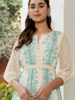 Thumbnail for Janasya Off White Dobby Georgette Floral Flared Dress