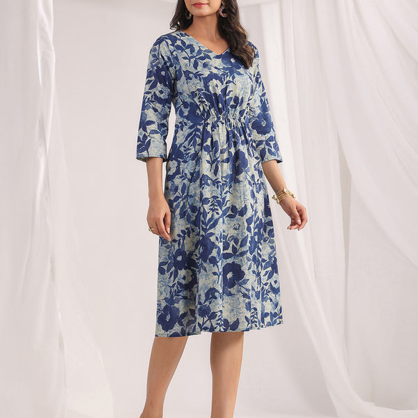 Janasya Indigo Cambric Floral Dress - Distacart
