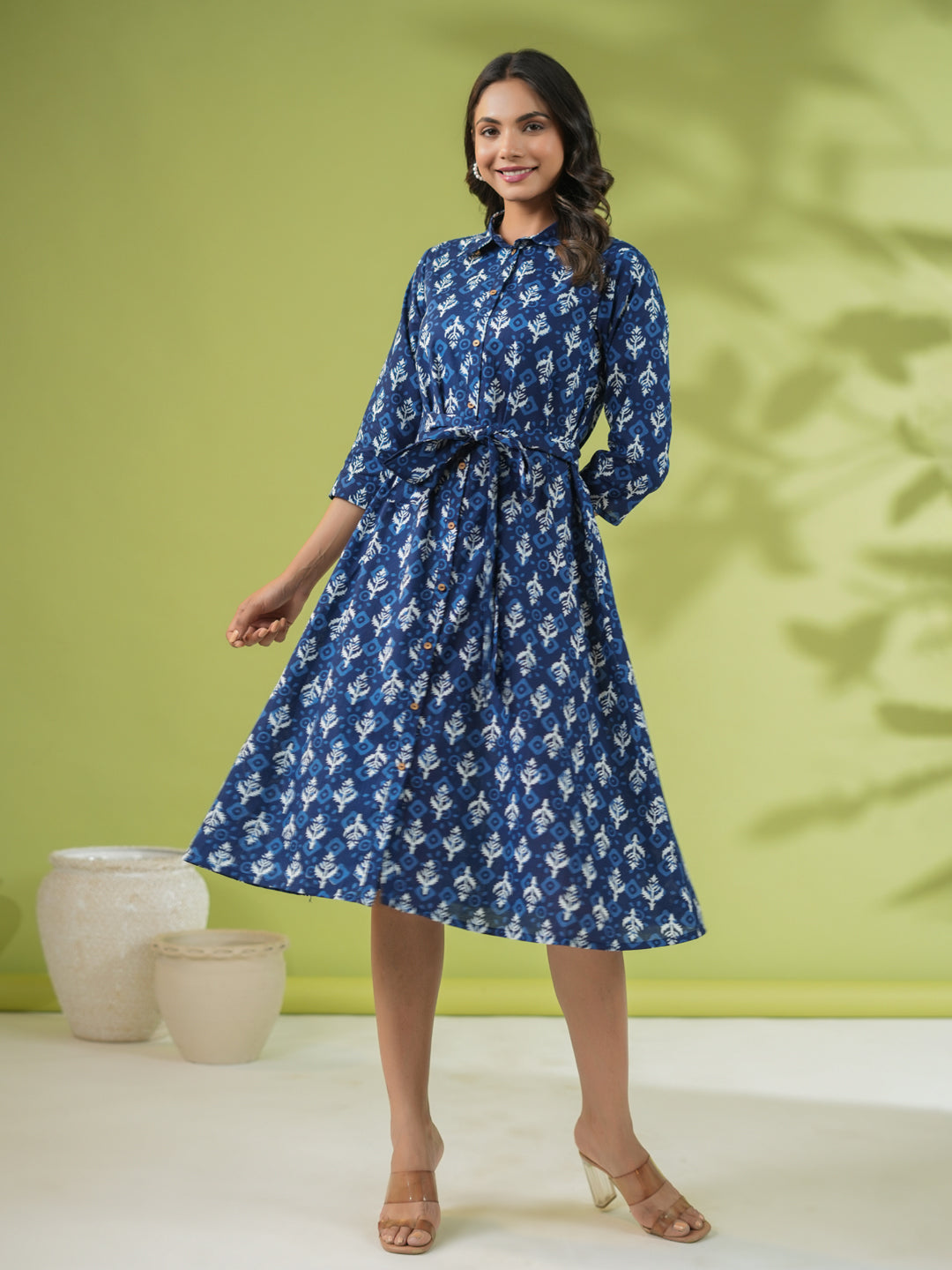 Janasya Dark Cotton Ethnic Motifs Shirt Dress Dress
