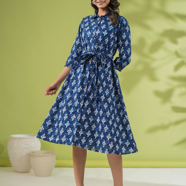 Janasya Dark Cotton Ethnic Motifs Shirt Dress Dress - Distacart