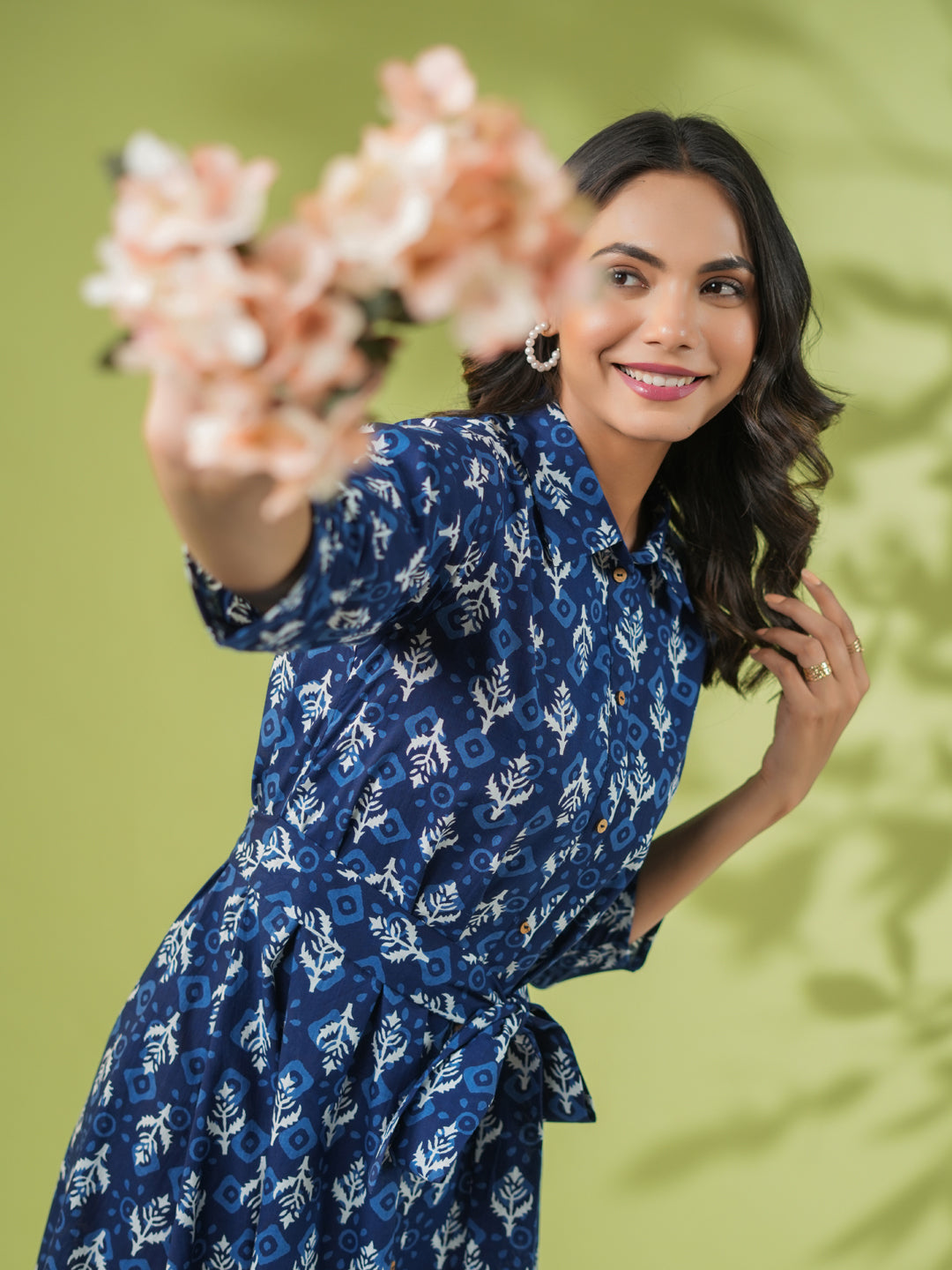 Janasya Dark Cotton Ethnic Motifs Shirt Dress Dress