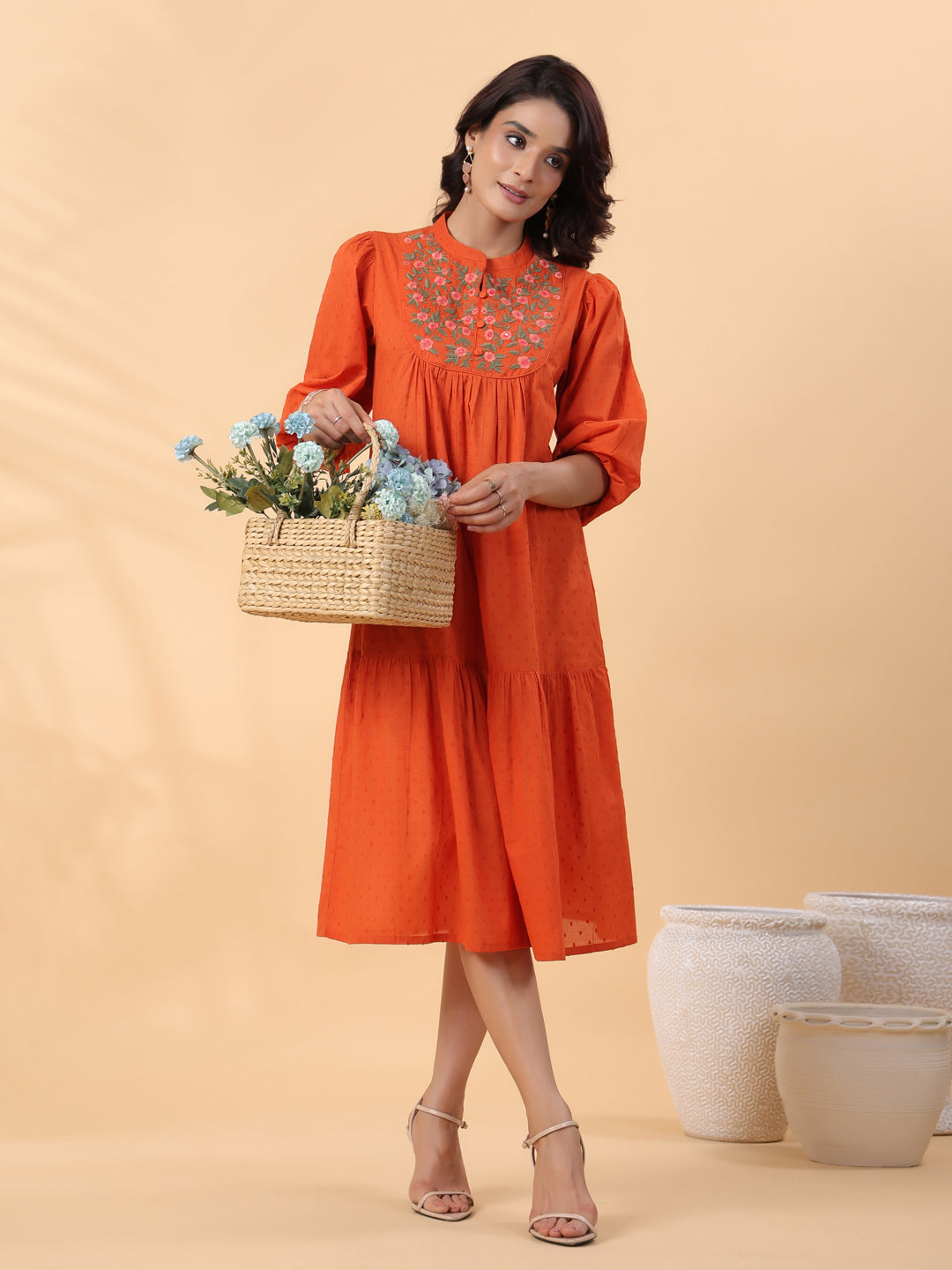 Janasya Pleated Dobby Cotton Rust Embroidered Band Collar Dress - Distacart