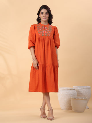 Janasya Pleated Dobby Cotton Rust Embroidered Band Collar Dress - Distacart