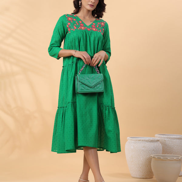 Janasya Pleated Dobby Cotton Green Embroidered V-Neck Dress - Distacart