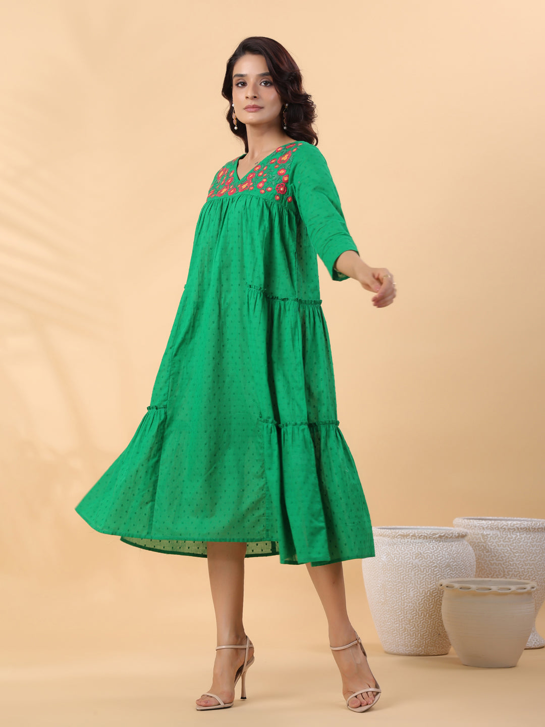 Janasya Pleated Dobby Cotton Green Embroidered V-Neck Dress - Distacart