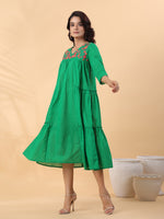 Thumbnail for Janasya Pleated Dobby Cotton Green Embroidered V-Neck Dress - Distacart