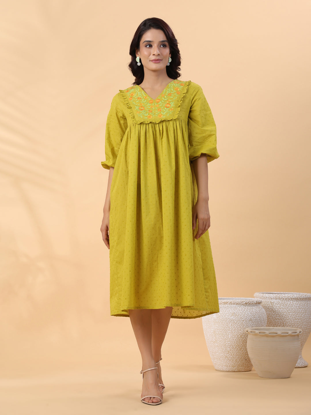 Janasya Pleated Dobby Cotton Lime Green Embroidered V-Neck Dress - Distacart