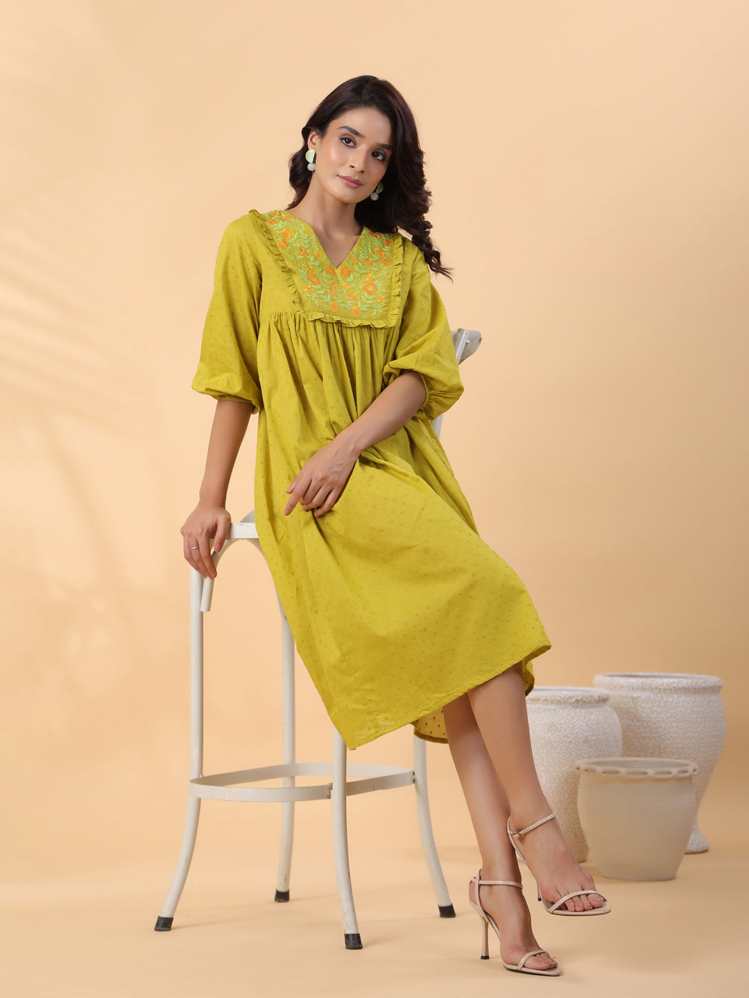 Janasya Pleated Dobby Cotton Lime Green Embroidered V-Neck Dress - Distacart