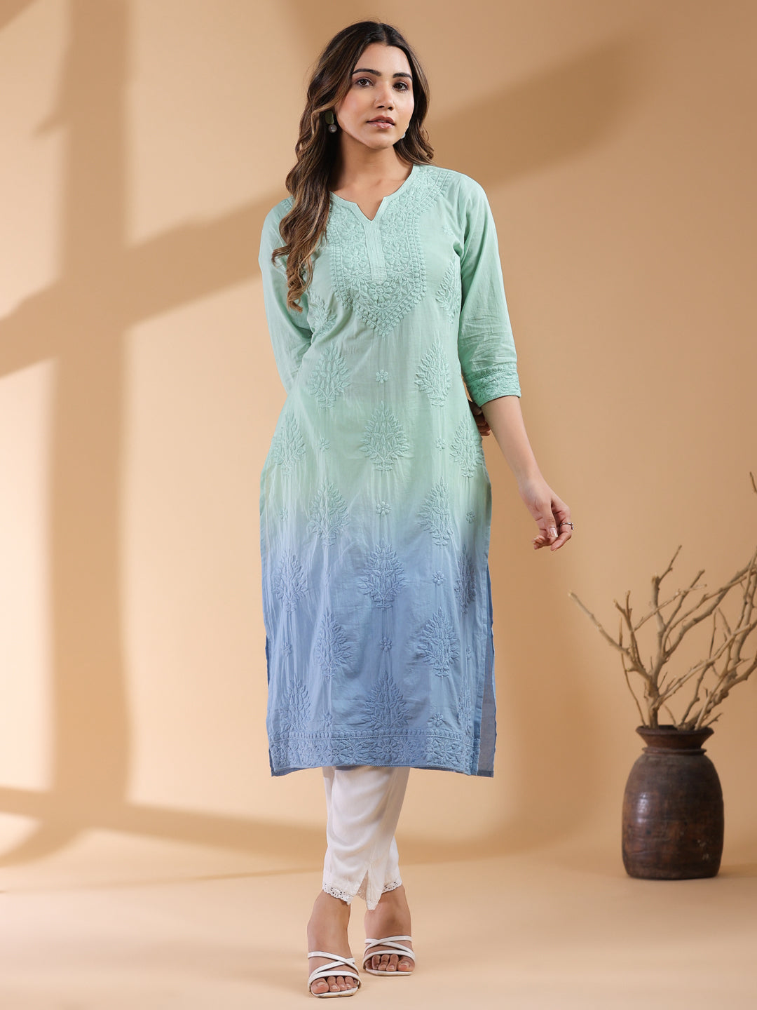 Janasya Bright Cotton Ombre Straight Kurta