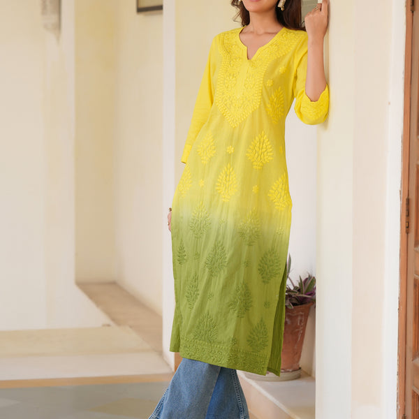 Janasya Bright Cotton Ombre Straight Kurta