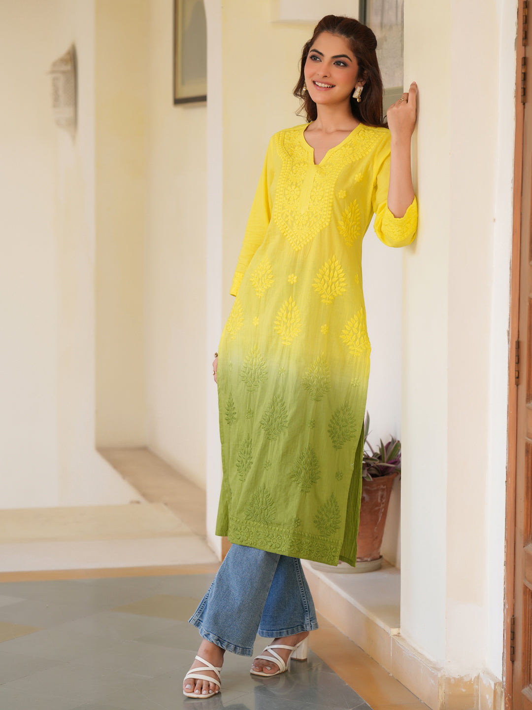 Janasya Bright Cotton Ombre Straight Kurta