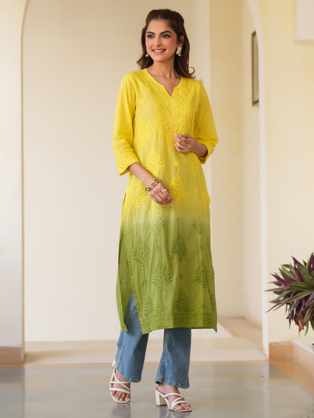 Janasya Bright Cotton Ombre Straight Kurta