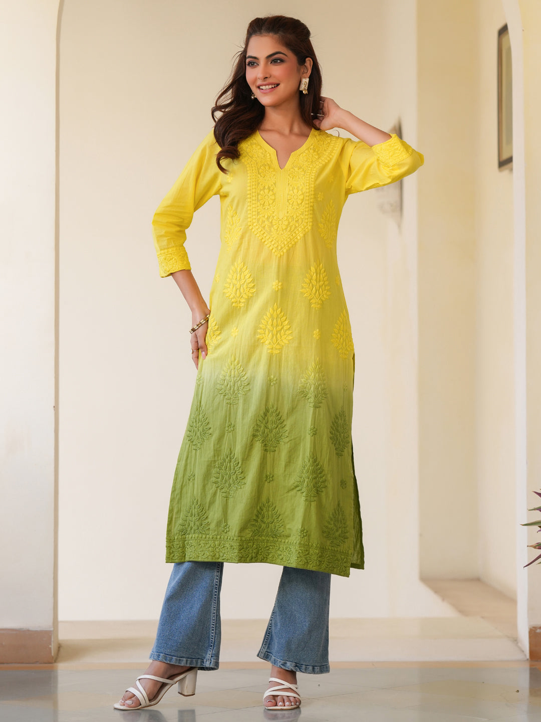 Janasya Bright Cotton Ombre Straight Kurta