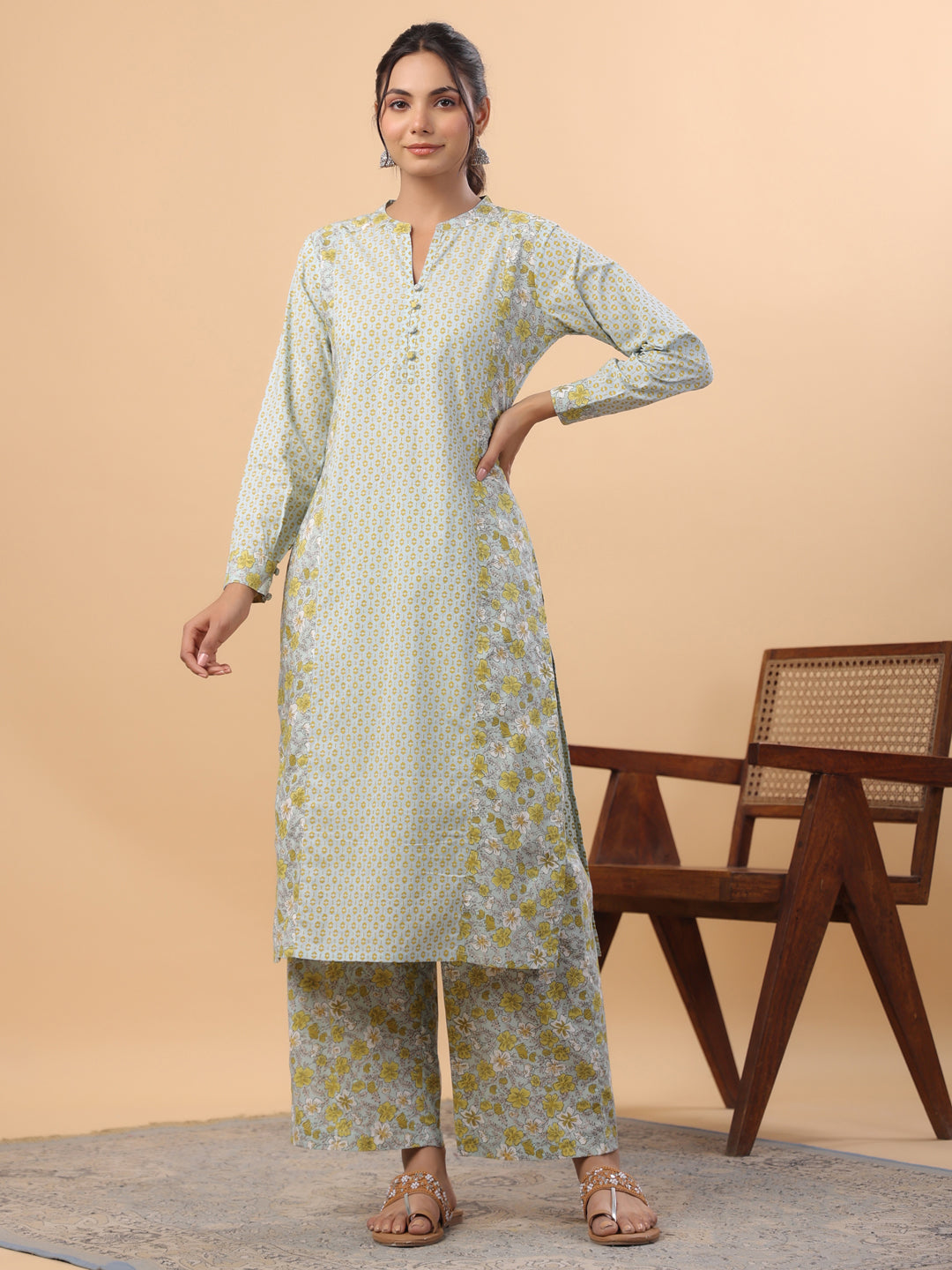 Janasya Regular Cambric Light Blue Floral Mandarin Collar Set - Distacart