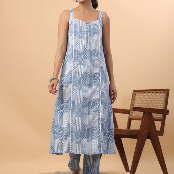 Janasya A-Line Cambric Blue Ethnic Motifs Sweetheart Neck Set - Distacart