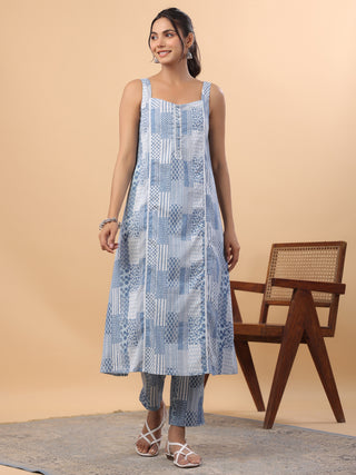 Janasya A-Line Cambric Blue Ethnic Motifs Sweetheart Neck Set - Distacart
