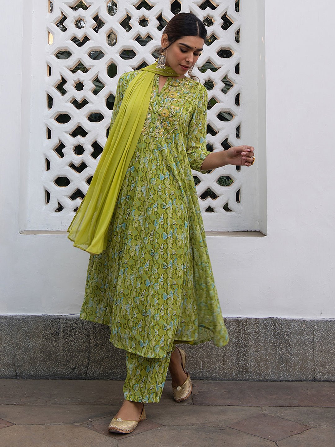 Janasya Anarkali Weightless Georgette Lime Green Yoke Embroidery Notch Neck Set - Distacart