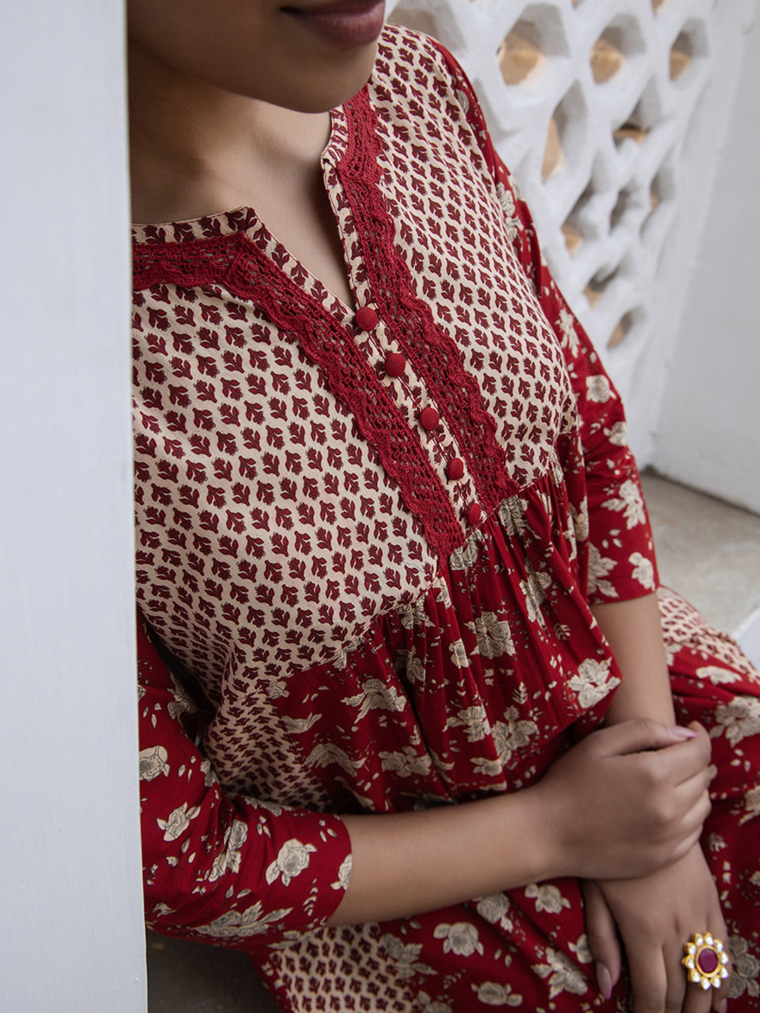 Janasya A-Line Cambric Red Floral Notch Neck Kurta & Bottom - Distacart