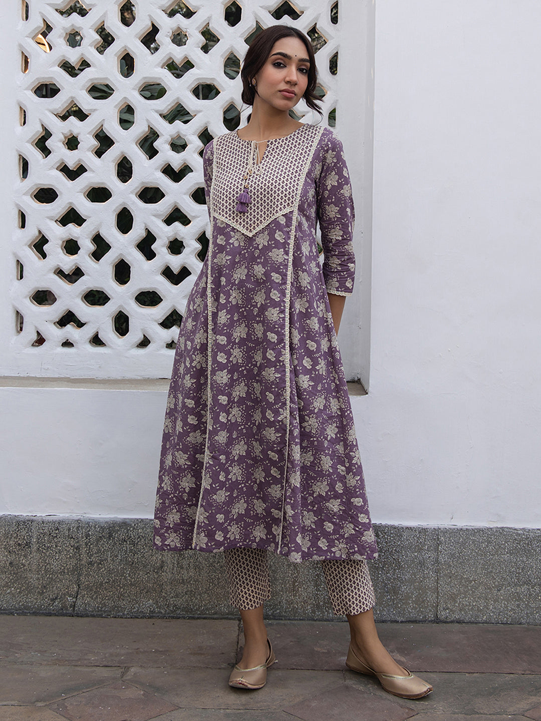 Janasya Purple Cambric Floral Kurta Set