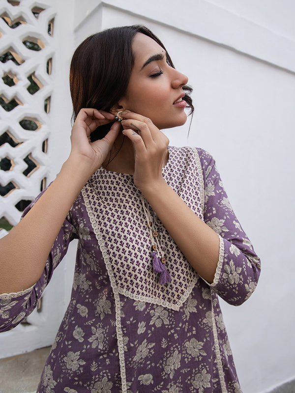 Janasya Purple Cambric Floral Kurta Set