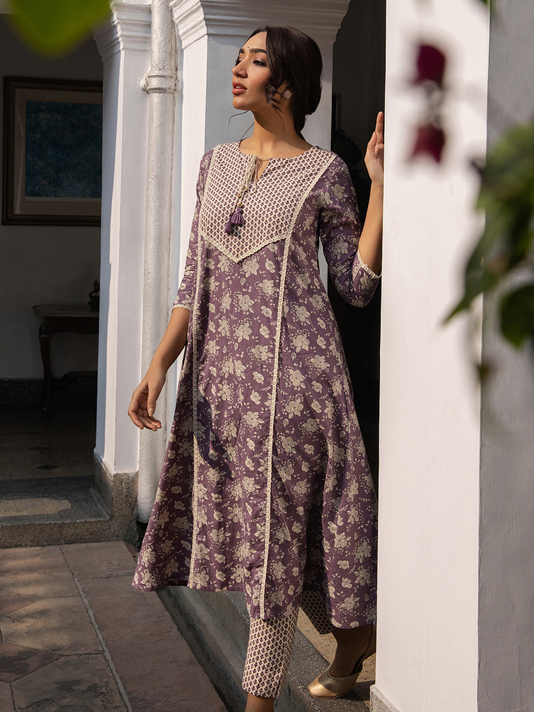 Janasya Purple Cambric Floral Kurta Set