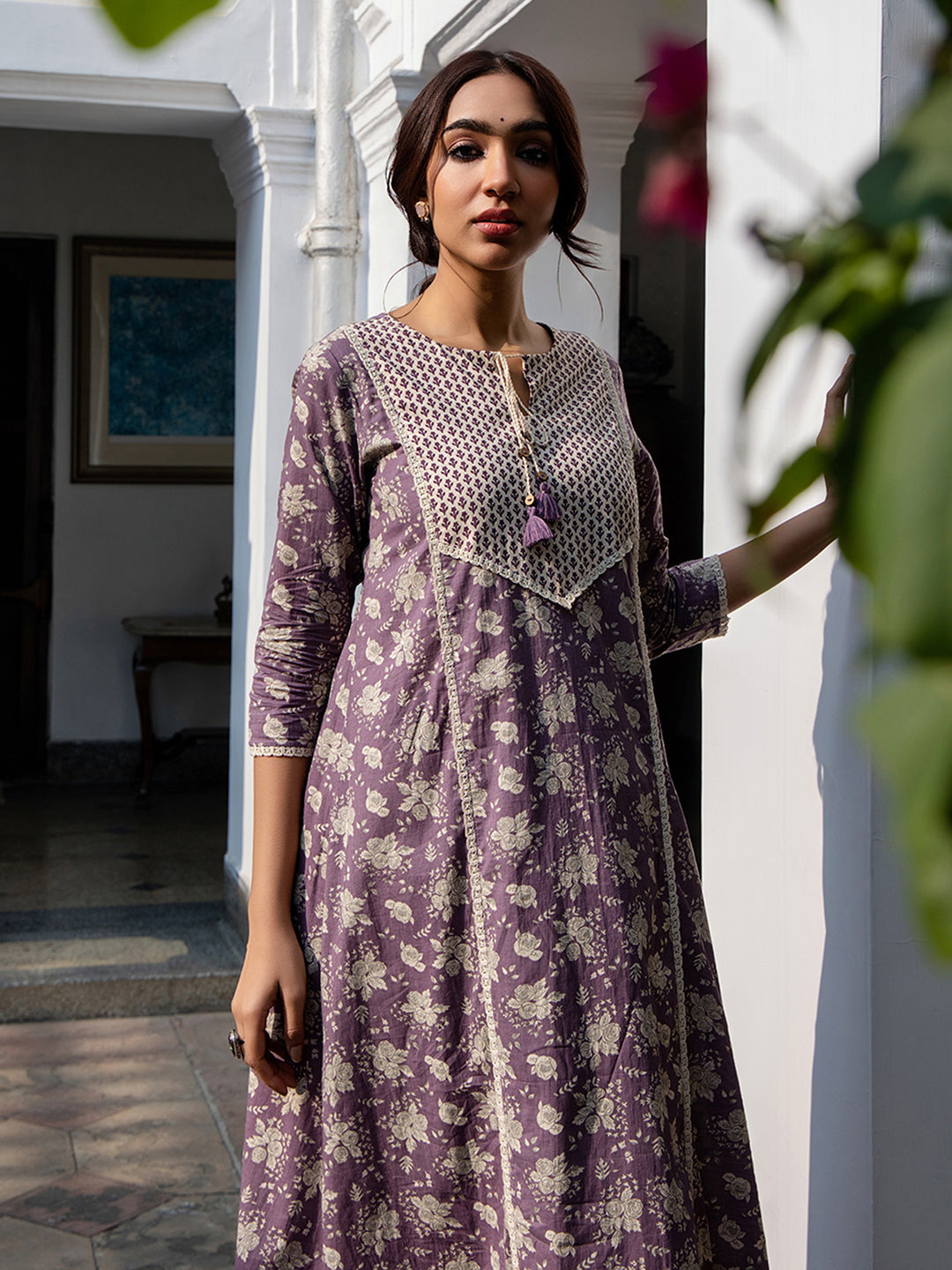 Janasya Purple Cambric Floral Kurta Set