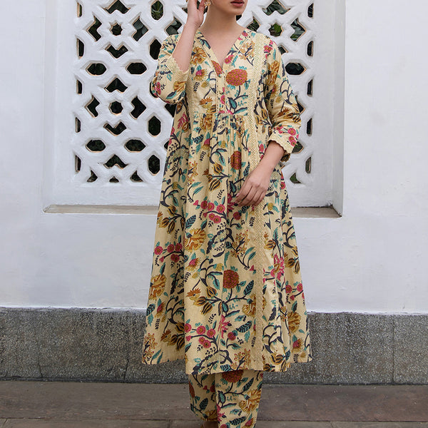 Janasya Gathered Cambric Beige Floral V-Neck Kurta & Bottom - Distacart