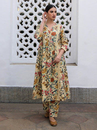 Janasya Gathered Cambric Beige Floral V-Neck Kurta & Bottom - Distacart